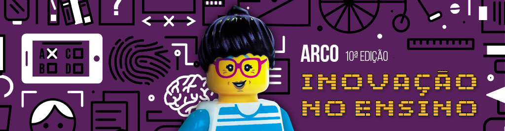 capa da décima edição da revista arco: em primeiro plano boneco playmobil de óculos; fundo roxo roxo com ilustrações em formato de pictogamas em preto e branco; ao lado do boneco, escrito em amarelo o tema do dossiê desta edição: "Inovação no Ensino"