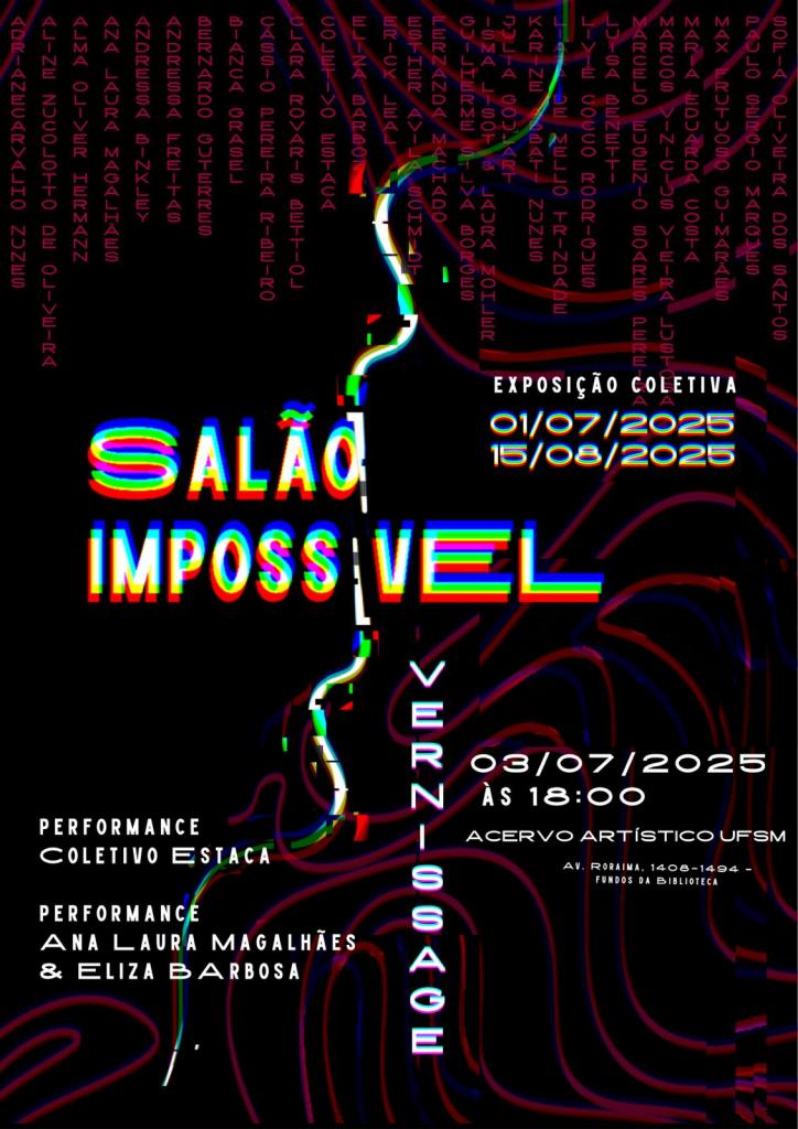 Cartaz divulgação da exposição. A imagem escura vertical tem como cor predominante o preto e como título, ao centro, em branco, "Salão do Impossível".