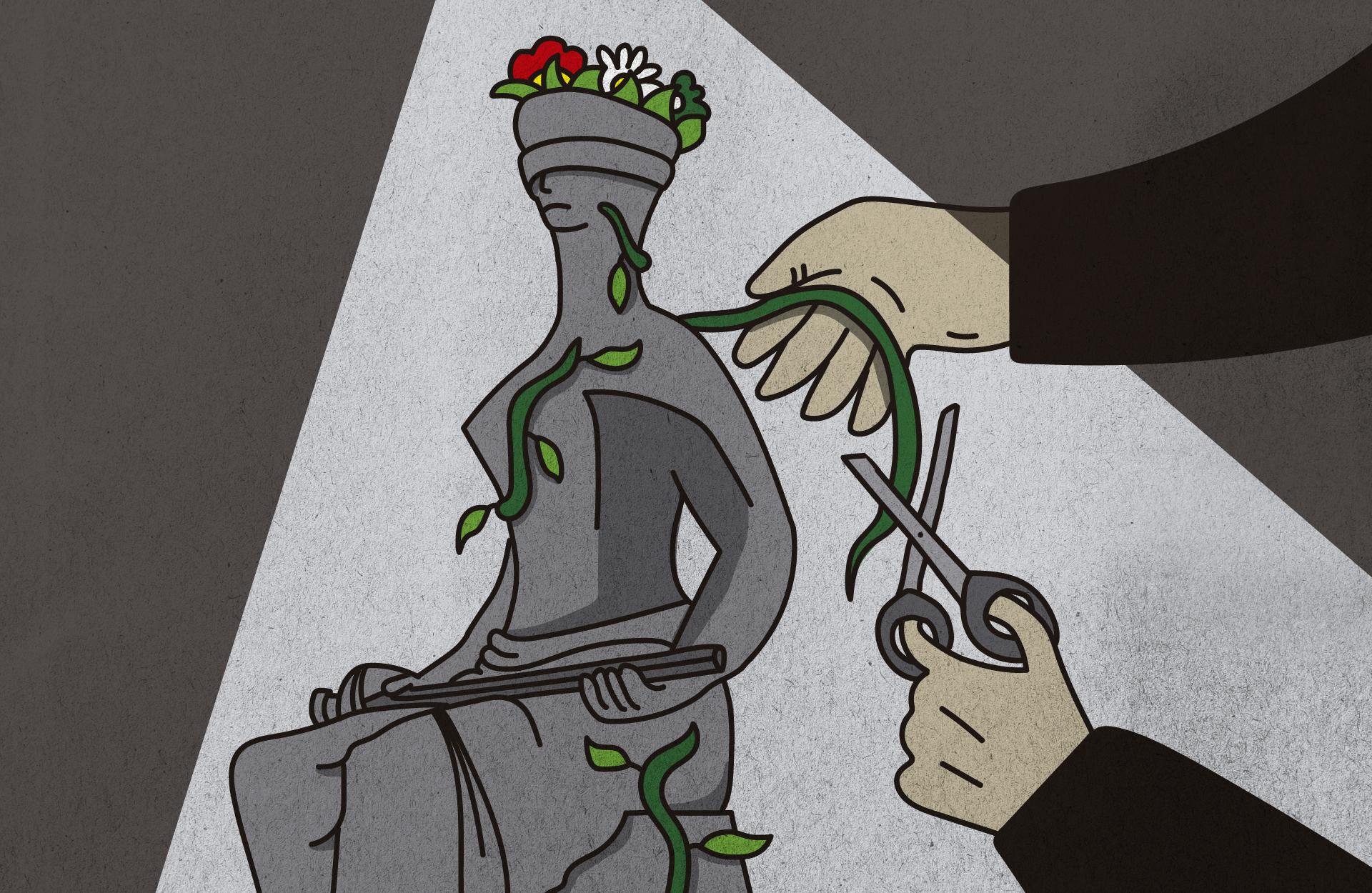 Desenho colorido horizontal de uma estátua da justiã coberta por videiras e flores. À direita, duas mãos seguram uma tesoura e cortam a videira.