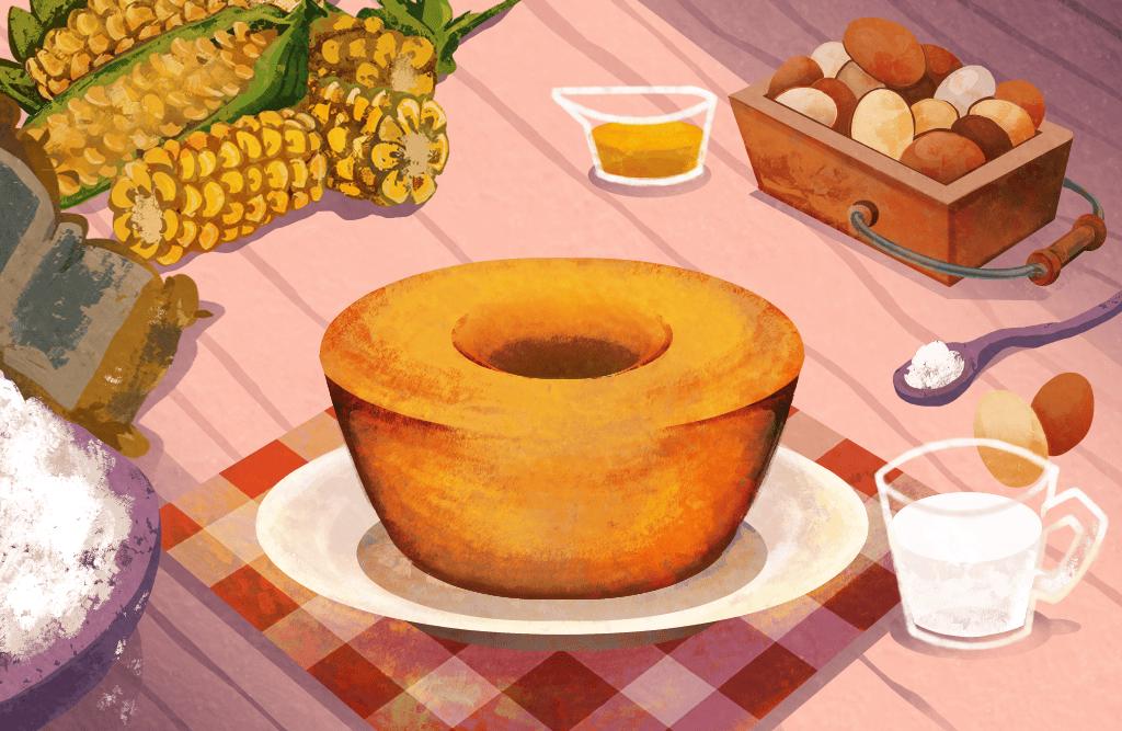 Ilustração colorida de um bolo de milho em um prato branco, sobre uma toalha xadres. À mesa, também estão os ingredientes, milho, ovos, óleo, açúcar e leite