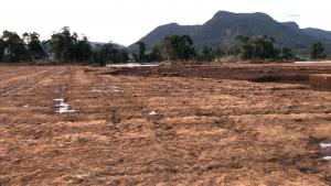 Imagem colorida em formato horizontal mostra uma lavoura de arroz devastada após as enchentes. O solo aparece tomado por erosões profundas e marcas deixadas pela força da água. Ao fundo, é possível ver o rio, áreas de mata e montanhas sob um céu nublado.