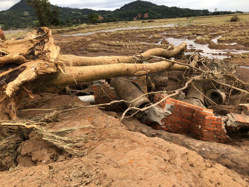 Foto horizontal colorida mostra os estragos causados por uma enchente em uma área rural. Troncos de árvores arrancados pela força da água estão espalhados sobre estruturas destruídas de alvenaria e tubulações parcialmente soterradas pela lama.