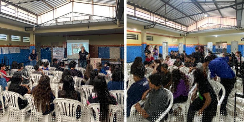 Duas fotos coloridas de palestras do projeto Discutindo Gênero em Agudo