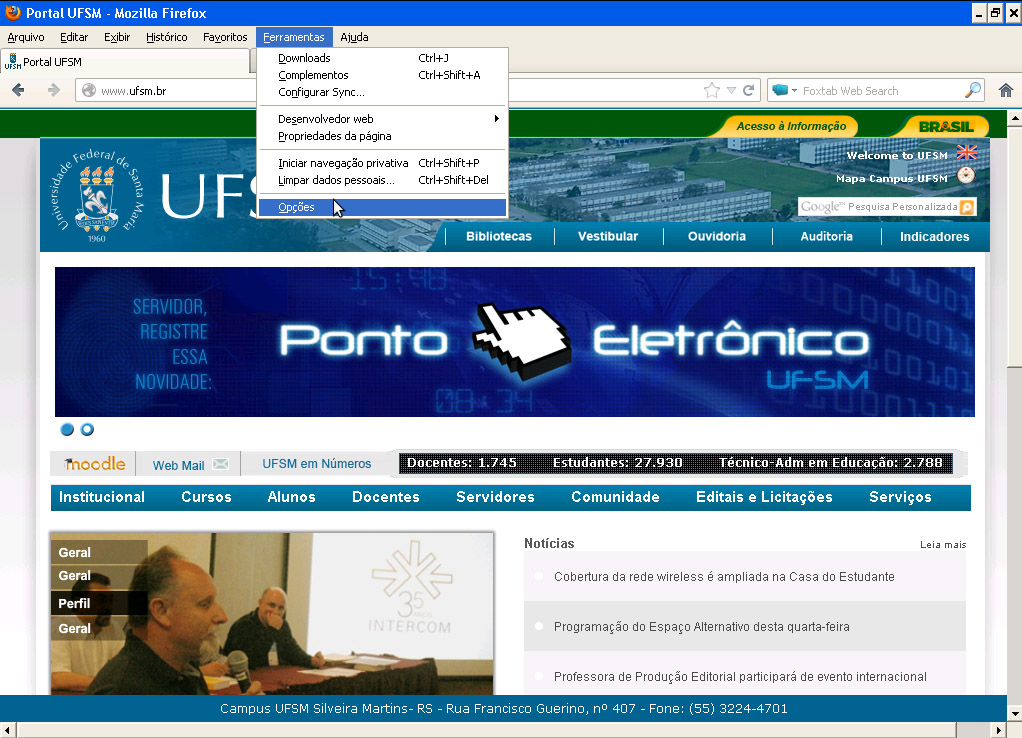 Site antigo da UFSM com o menu ferramentas aberto indicando o botão opções