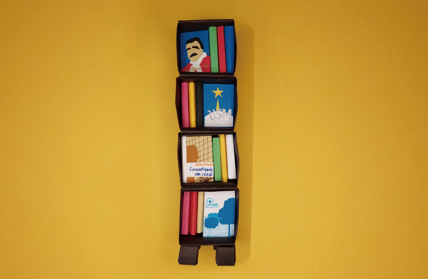Ilustração horizontal e colorida de uma estante vertical formada por quatro nichos assimétricos, em marrom escuro. Os nichos estão cheios de livros. O primeiro (de baixo para cima) e o terceiro, tem três livros em pé na parte esquerda e um livro com a capa em destaque na parte direita. O segundo e o quarto tem três livros enfileirados na parte direita e a capa em destaque na parte esquerda. Os livros tem a lombada rosa, vermelho, bege, verde claro, branco, preto e azul. Os livros em destaque, na primeira prateleira, tem a capa branca com árvore azul, o brasão da Ufsm e o título "50 anos". No segunda nicho, a capa e bege, e o título é 'Concretizando um ideal'. No terceiro nicho, o livro tem capa azul, com uma estrela amarela no centro, e o título 'USM a nova universidade '. No quatro nichos, a capa tem fundo azul e desenho de um homem de pele branca, cabelos e bigode pretos no centro. O fundo da Ilustração é amarelo mostarda.