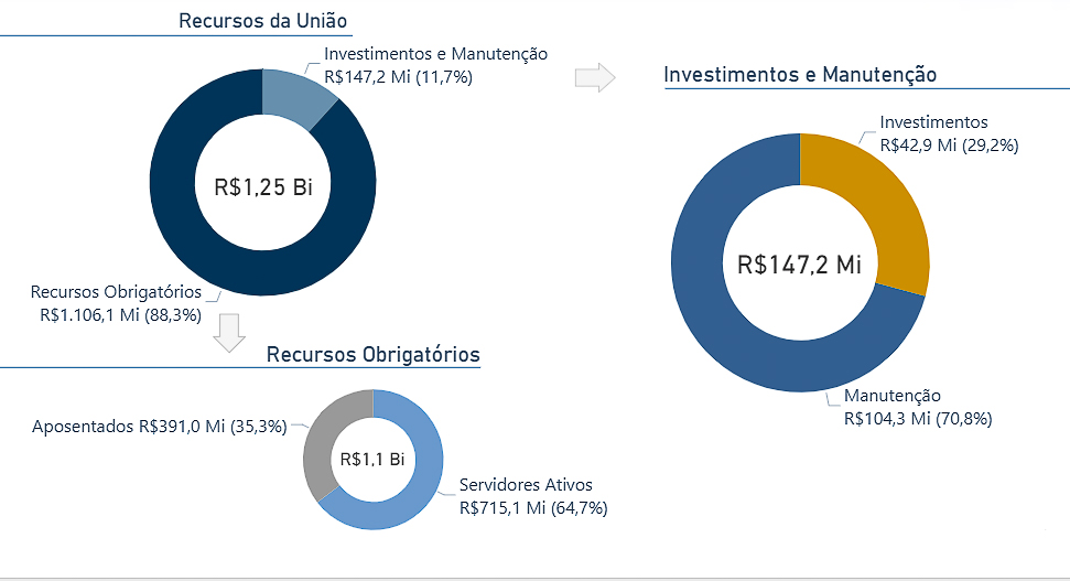 O infográfico na horizontal e em fundo branco apresenta os dados sobre os recursos advindos da União para alguns setores da universidade. No canto superior esquerdo, um gráfico em forma circular de cor majoritariamente azul escuro e uma pequena parte azul claro, dentro desse círculo há o valor de um bilhão e vinte cinco milhões de reais, representando o valor total repassado à universidade. O tom mais escuro representa o valor de um milhão e cem mil destinados a recursos obrigatórios, enquanto o tom mais claro refere-se aos cento e quarenta e sete milhões e duzentos mil repassados aos setores de investimentos e manutenções. Abaixo deste gráfico, uma seta cinza, direcionada para baixo, indica o gráfico de recursos obrigatórios.
O gráfico de recursos obrigatórios é menor e majoritariamente azul claro com uma pequena parte em cinza. Dentro do círculo há o valor de um bilhão e cem milhões, representando a totalidade de recursos obrigatórios. A cor cinza representa os trezentos e noventa e um milhões de reais destinados a aposentados. A cor azul clara refere-se aos setecentos e quinze milhões repassados a servidores ativos. O terceiro e último gráfico encontra-se no canto direito e é composto majoritariamente por uma parte azul escuro e uma parte menor bege. Dentro do círculo há o valor de cento e quarenta e sete milhões e duzentos mil destinados ao setor de investimentos e manutenções. A parte azul escuro refere-se aos cento e quatro milhões e trezentos mil reais destinados aos gastos com manutenções, enquanto o tom bege diz respeito aos quarenta e dois milhões e novecentos mil reais que chegaram ao setor de investimentos.