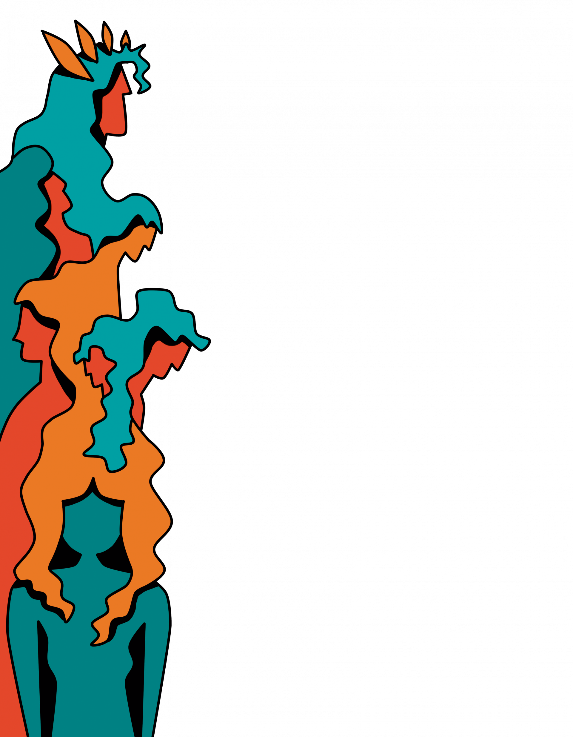 A imagem é uma ilustração vertical nas cores ciano, verde marinho, laranja fechado e laranja aberto. O desenho é composto por sete corpos de mulheres, dispostos de maneira fluída e sobrepostas na vertical. As silhuetas das personagens se mesclam de maneira orgânica uma sobre a outra, o cabelo de uma é ao mesmo tempo o perfil de outra e todas formam uma unidade dando a impressão de que estão todas juntas.