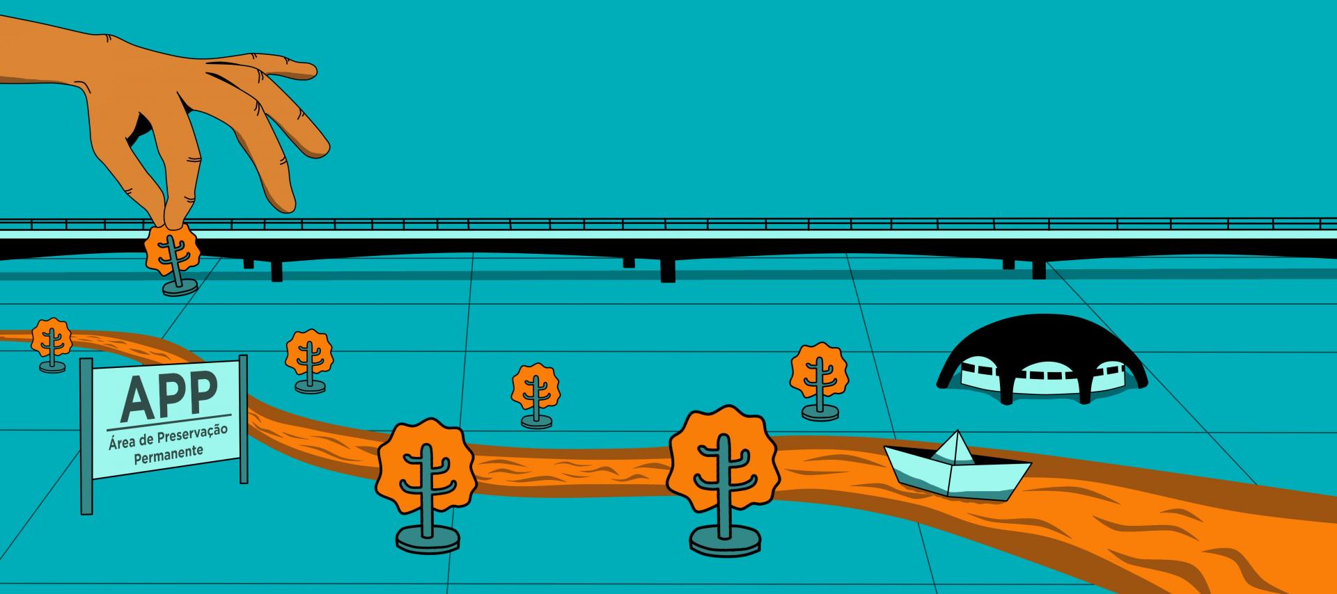 Ilustração horizontal e colorida da UFSM estilizada em miniatura nas cores turquesa e laranja. O estilo geral é plano e simplificado, com cores sólidas e contornos nítidos. Há uma mão de cor laranja no canto superior esquerdo, que coloca uma peça de árvore na maquete. Várias árvores laranjas com bases verdes circulares estão espalhadas ao longo de um rio laranja que serpenteia pelo centro horizontal da imagem. No rio, há um barco de papel azul. Na esquerda da imagem e ao lado do rio, há uma placa de Área de Preservação Permanente - APP. Do outro lado do rio e na direita da imagem, está o Planetário da UFSM com teto preto e estrutura azul. No plano de fundo, há uma ponte preta que se estende horizontalmente. O fundo é azul.