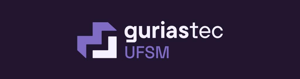 Banner retangular e colorido. No centro, a logomarca do projeto GuriasTec. O símbolo é um coração em duas partes, com a parte superior lilás e quadrada, que lembra uma escada, e a parte inferior branca, em formato de V. O símbolo lembra a representação de somatório. Ao lado, em branco e letras minúsculas, o nome 'gurias tec'. Abaixo, em roxo e letras maiúsculas, o nome 'UFSM'. O fundo é roxo escuro.