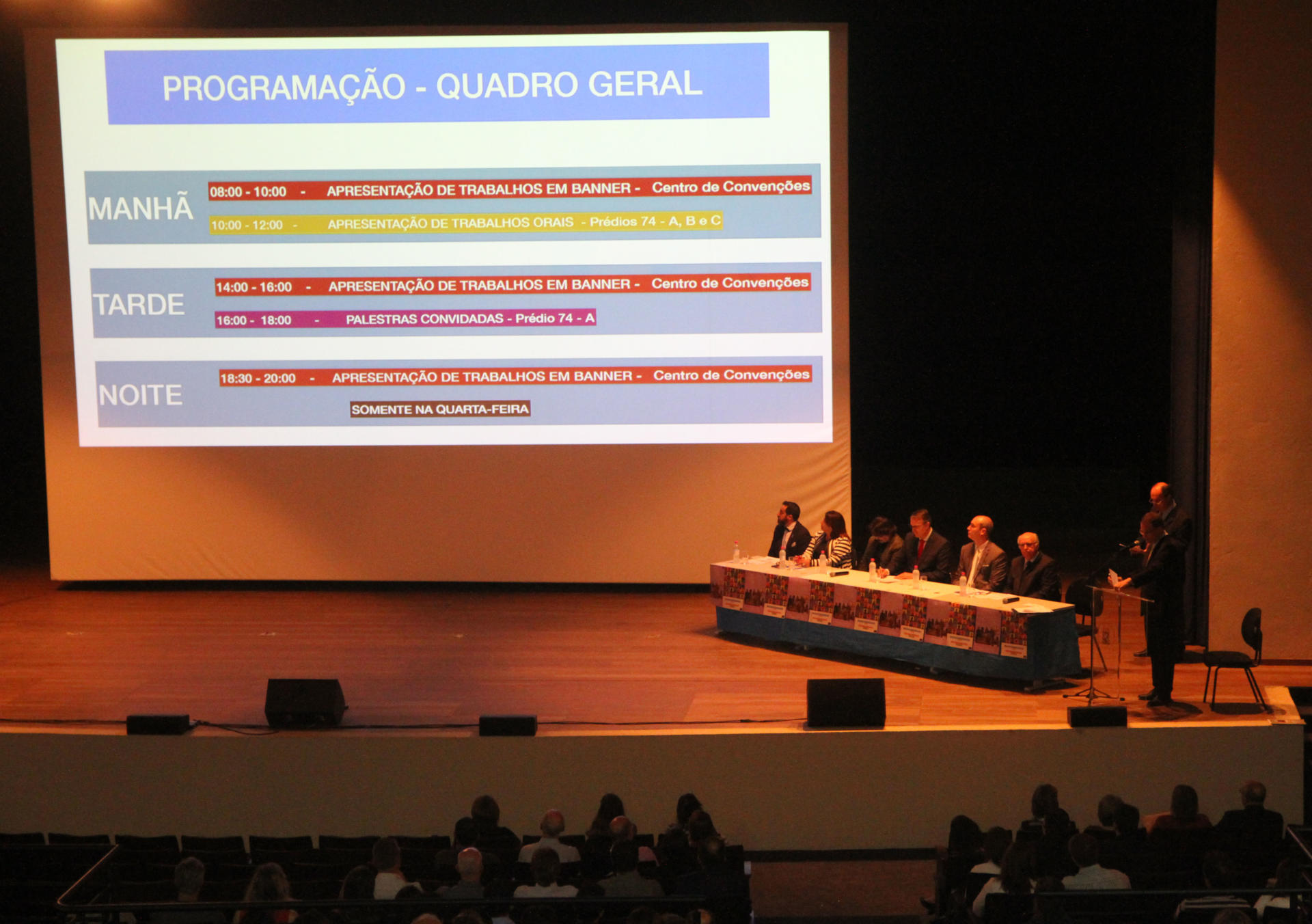 Foto do palco, com um imenso telão com a programação, e mesa principal com seis pessoas, mestre de cerimônias e auxiliar ao lado