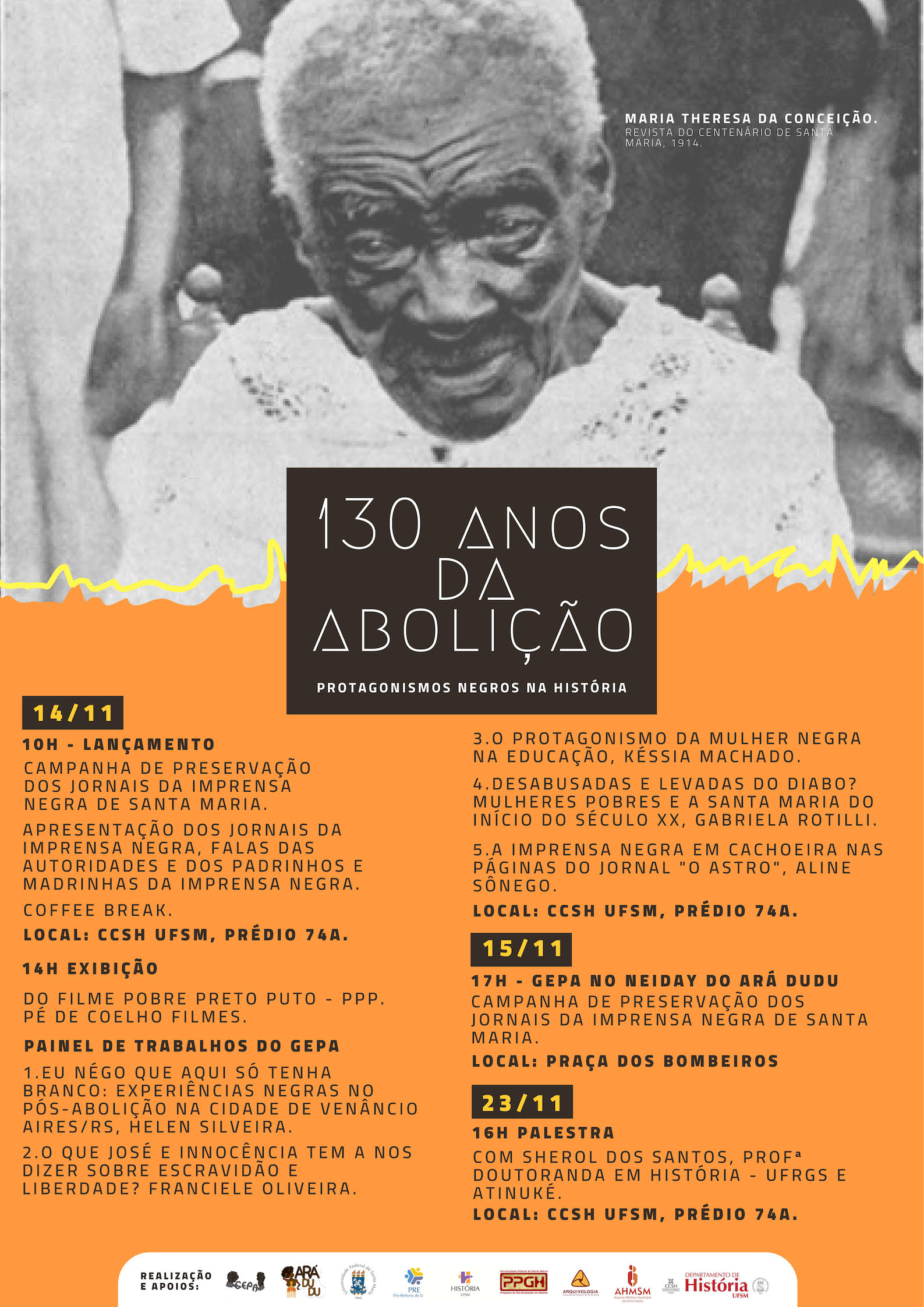 Arte com a programação do evento, com a foto de uma senhora negra e logos dos realizadores e apoiadores