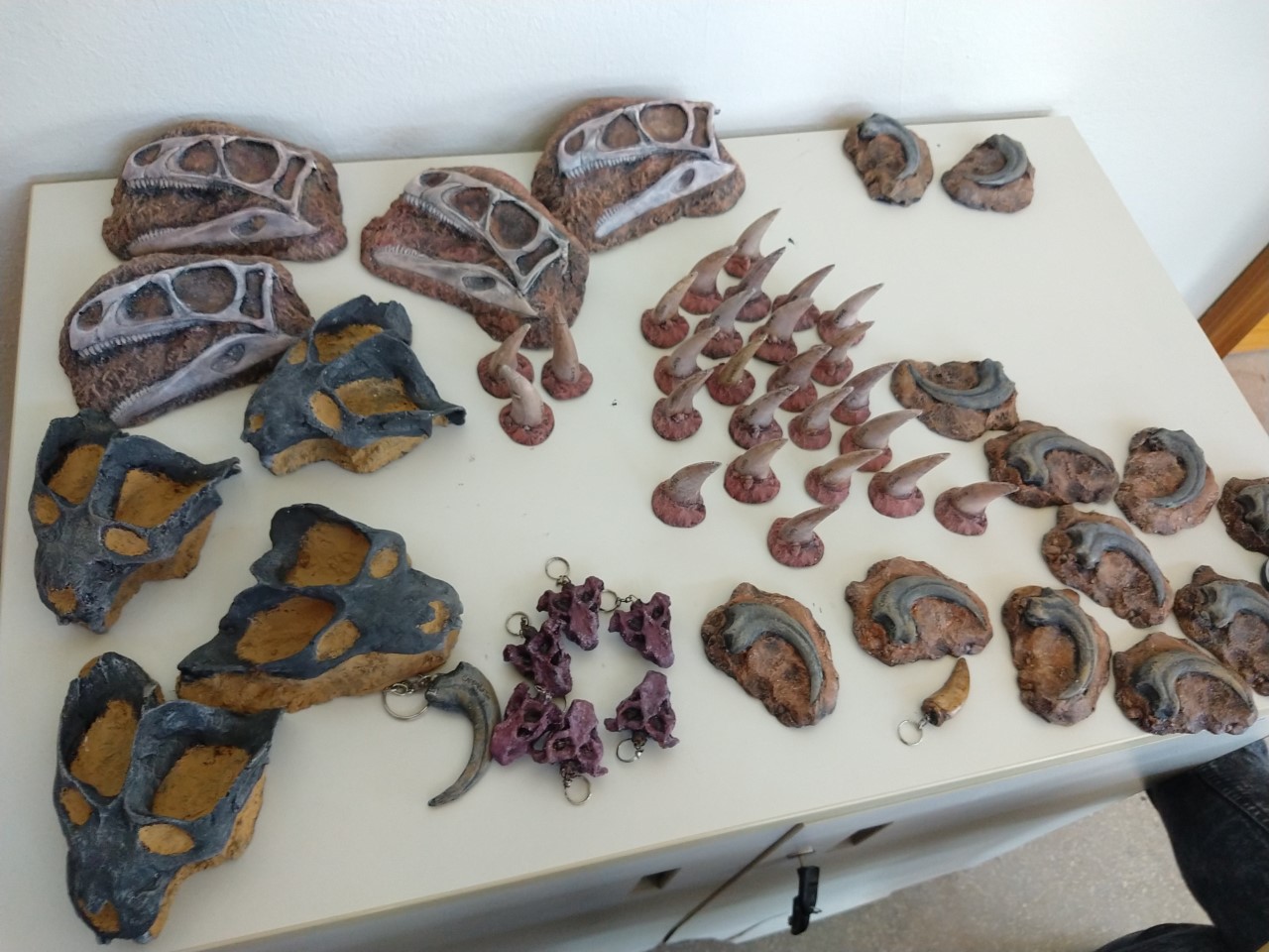 Vários souvenires de fósseis, incluindo chaveiros e réplicas de crânios de dinossauros