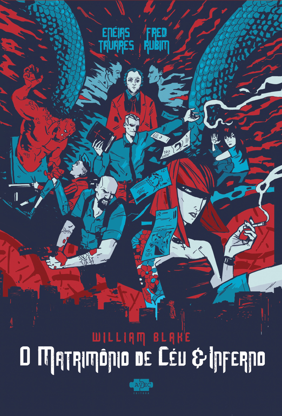 Arte vertical com ilustrações de personagens em tons de vermelho e azul